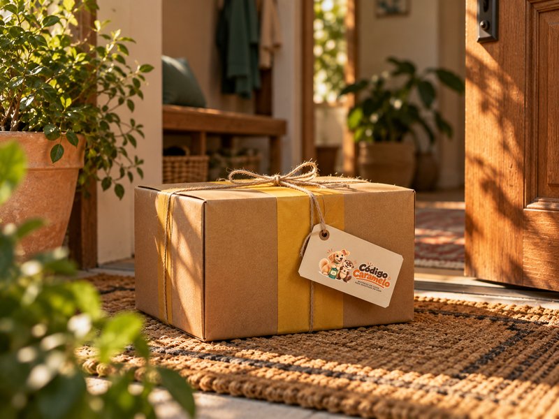 Caixa kraft com fita amarela e etiqueta do Código Caramelo, entregue no tapete da porta de casa