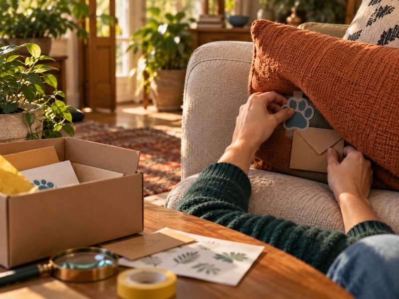 Mãos de uma pessoa adulta escondendo uma pata azul e um envelope atrás da almofada do sofá, com a caixa aberta na mesa